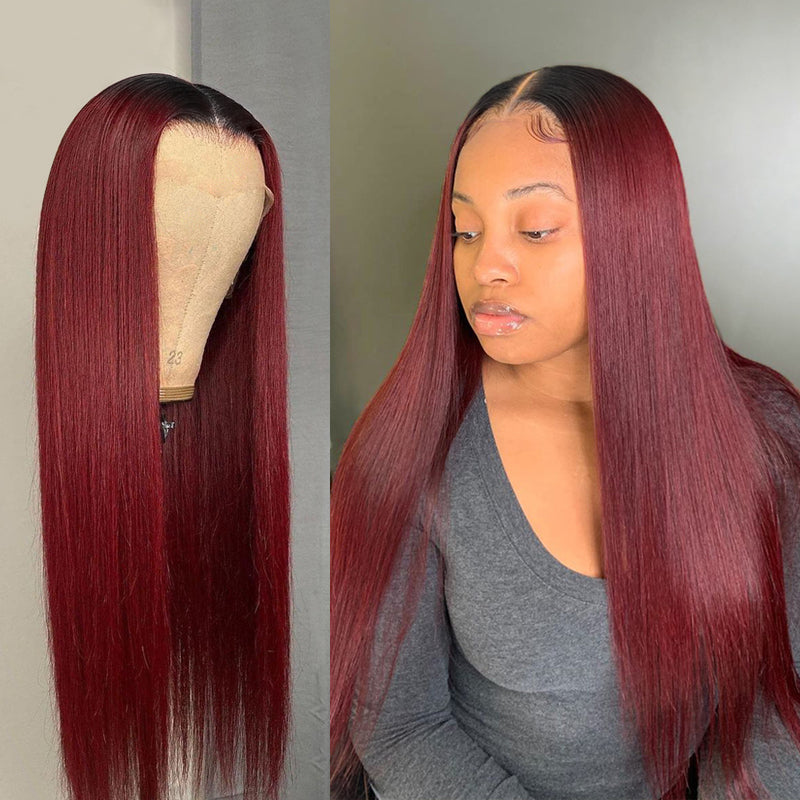1B/99J Ombre Burgundy Human Hair Wig Straight HD Transparent Lace Wig