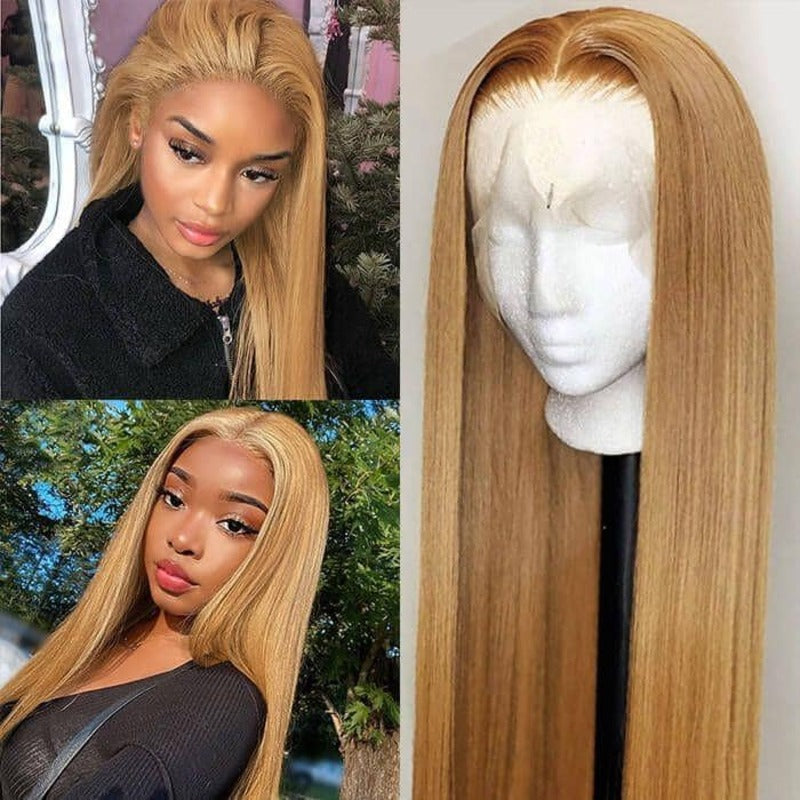 #27 Honey Blonde Straight Pre-pluckd Transparent Lace Human Hair Wig