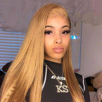 #27 Honey Blonde Straight Pre-pluckd Transparent Lace Human Hair Wig