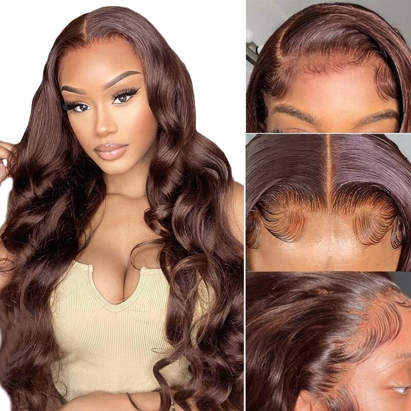 bigekane Recommend #4 Color Chocolate Brown Body Wave Pre-plucked HD Transparent Lace Human Hair Wig