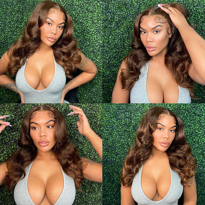 bigekane Recommend #4 Color Chocolate Brown Body Wave Pre-plucked HD Transparent Lace Human Hair Wig