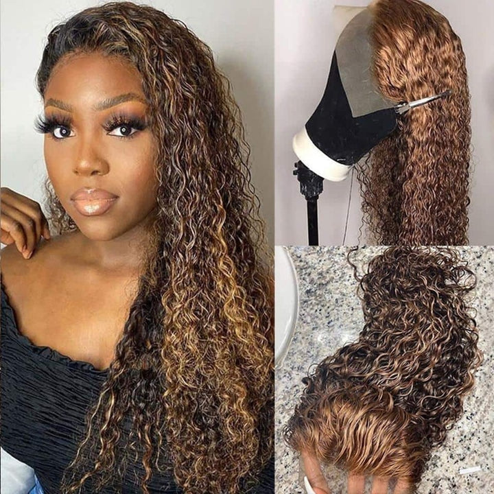 4/27 Highlight Curly Wave Wig Colored Transparent Lace Human Hair Wig