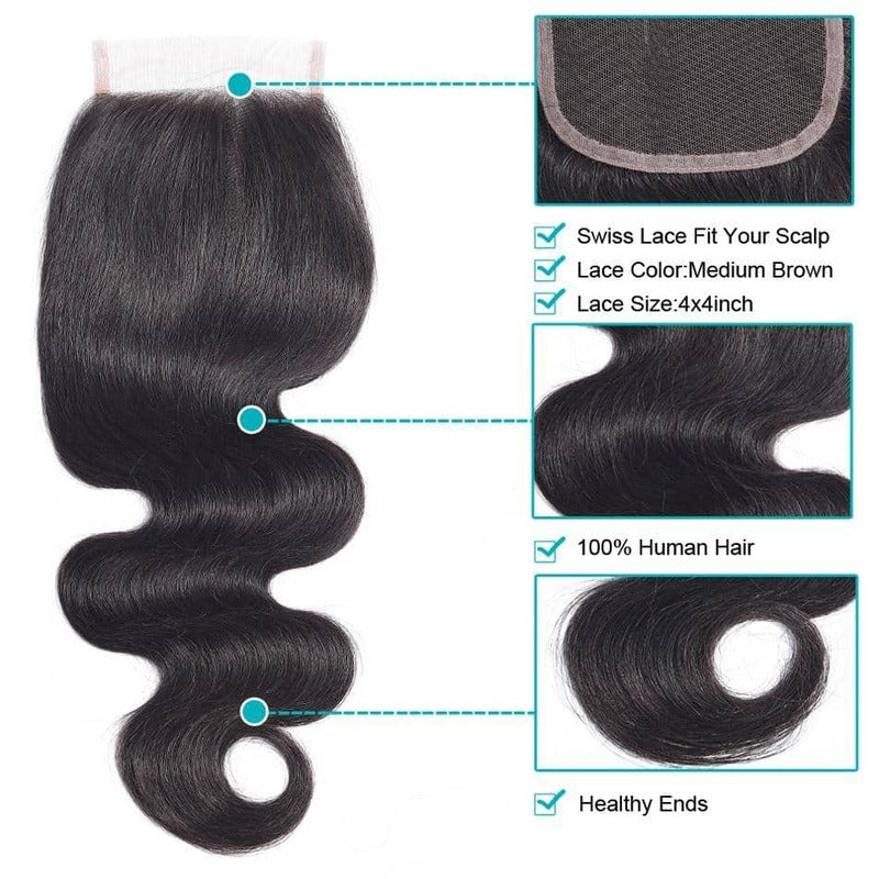 Body Wave 4x4/5x5/6x6 Lace Closure 100% Virgin Human Hair Closure