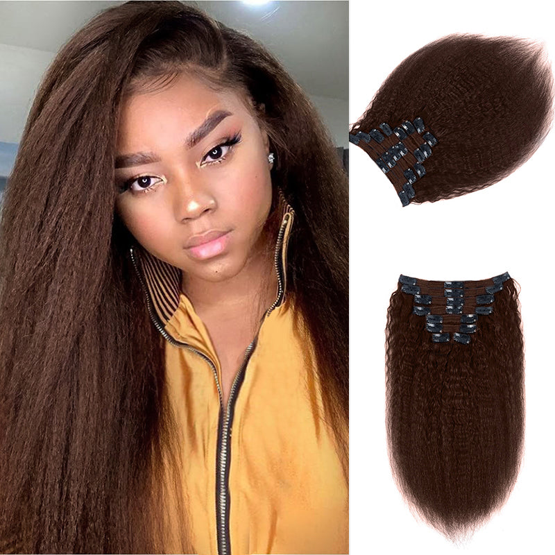Brown Colored Kinky Straight Clip In Hair Extensions For Black Women Remy Human Hair 8 Pieces With 18 Clips