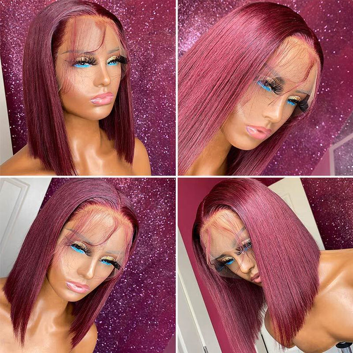 99J Burgundy Color Bob HD Transparent Lace Wig 100% Virgin Human Hair