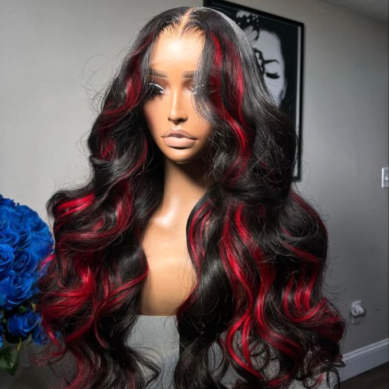 Balayage Red Highlight Body Wave Lace Front Wigs Human Hair Wigs