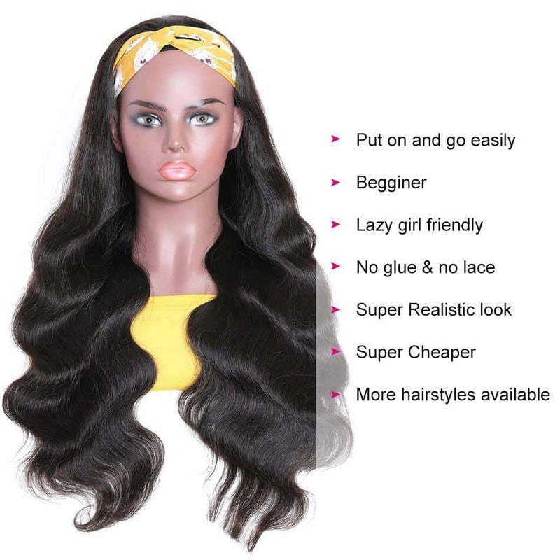 Body Wave Glueless HeadBand Wig 180% Density Virgin Human Hair Wig