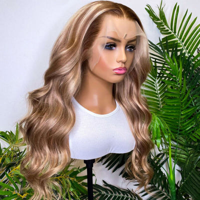 Brown With Blonde Highlight Wig 13x4 Body Wave P4/613 Mix Color HD Transparent Lace Front Wig