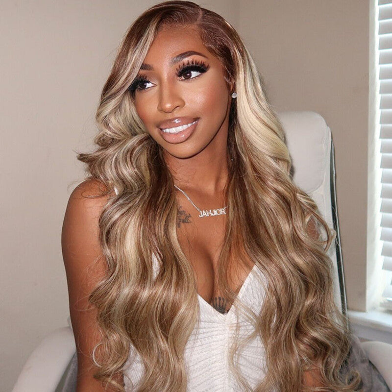 Brown With Blonde Highlight Wig 13x4 Body Wave P4/613 Mix Color Transparent Lace Front Wig