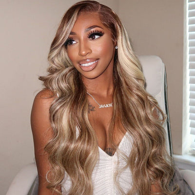 Brown With Blonde Highlight Wig 13x4 Body Wave P4/613 Mix Color HD Transparent Lace Front Wig