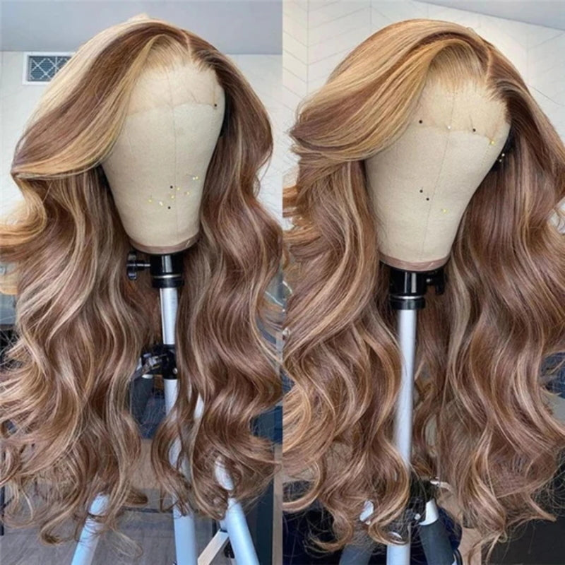 Brown With Blonde Highlight Wig 13x4 Body Wave P4/613 Mix Color Transparent Lace Front Wig