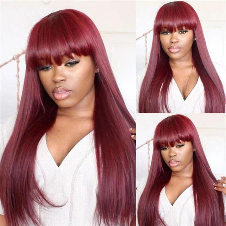 99J Color Machine Made Wig With Bang Straight 100% Virgin Human Hair Wig