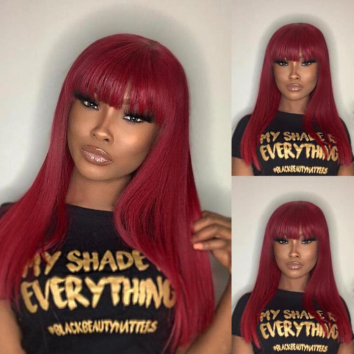 99J Color Machine Made Wig With Bang Straight 100% Virgin Human Hair Wig