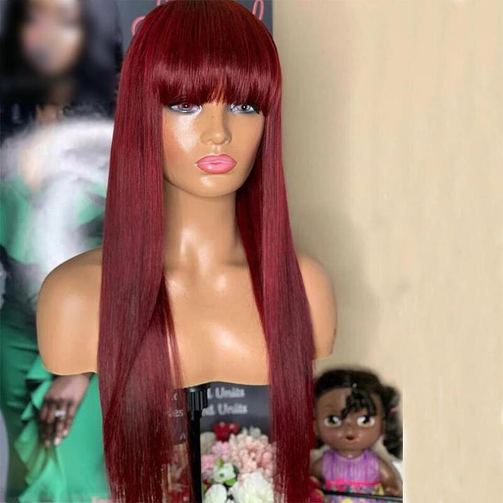 99J Color Machine Made Wig With Bang Straight 100% Virgin Human Hair Wig