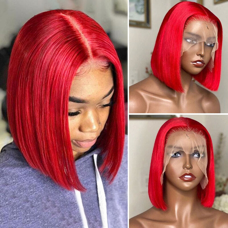 Red Color Bob Wig HD Transparent Lace Bob Wig 100% Human Hair