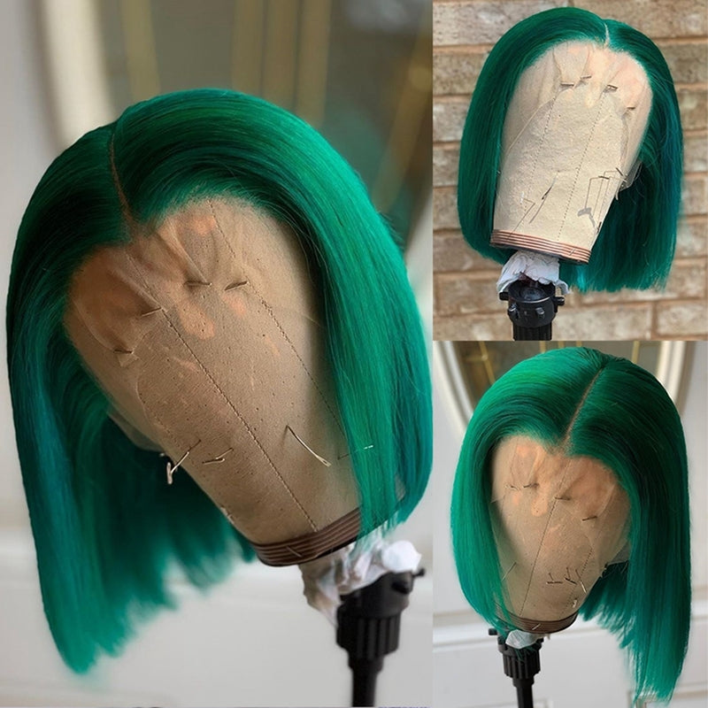 Green Colored Bob Wig HD Transparent Lace Front Wig 100% Virgin Human Hair