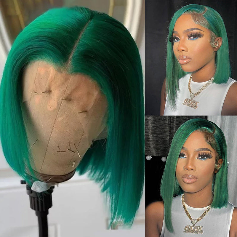 Green Colored Bob Wig HD Transparent Lace Front Wig 100% Virgin Human Hair