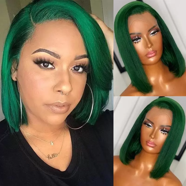 Green Colored Bob Wig HD Transparent Lace Front Wig 100% Virgin Human Hair