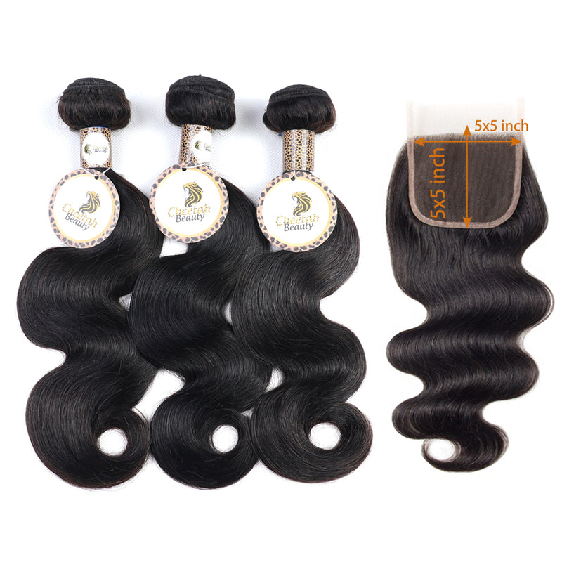 10A Body Wave Bundles With 5x5 Lace Closure 100% Human Hair Extensions