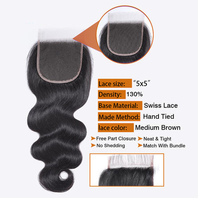 10A Body Wave Bundles With 5x5 Lace Closure 100% Human Hair Extensions