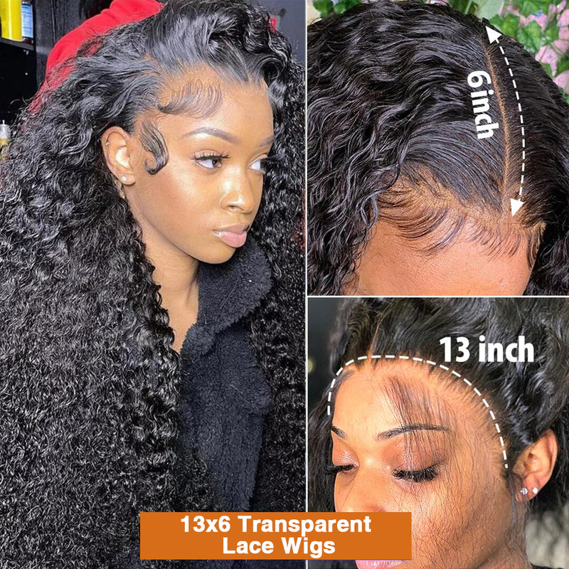 16-40 LONG Inches Deep Curly 13x6 Transparent Lace Front Wig Pre-plucked Human Hair Wig