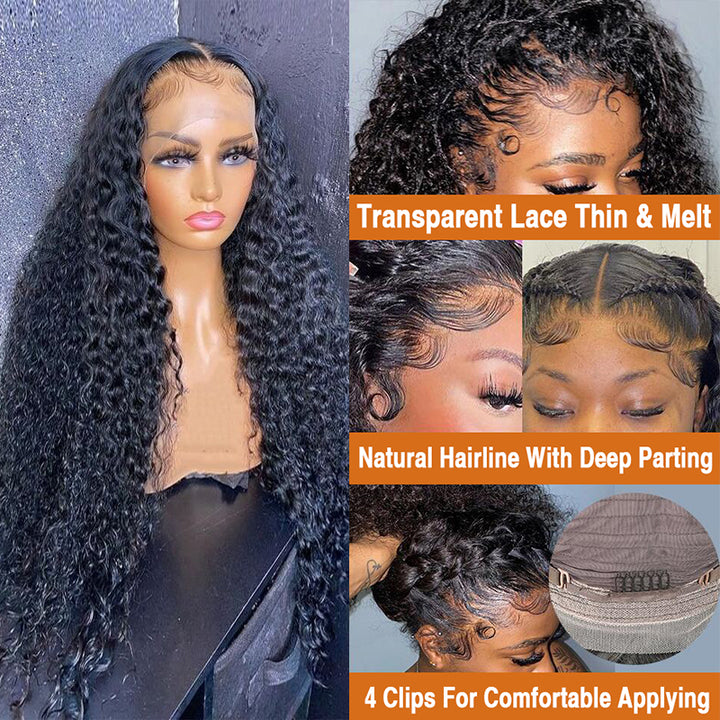 16-40 LONG Inches Deep Curly 13x6 Transparent Lace Front Wig Pre-plucked Human Hair Wig