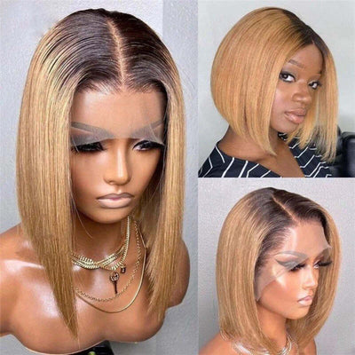 1B/27 Honey Blonde Ombre Short Straight Bob Wig 100% Virgin Human Hair