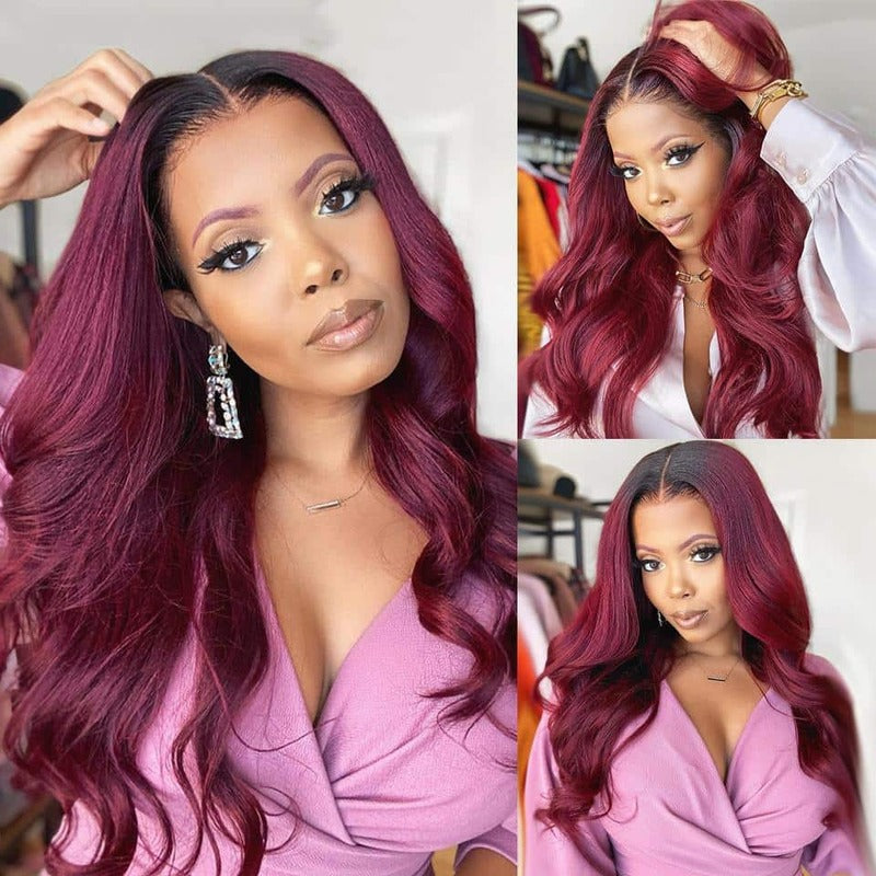 1B/99J Ombre Burgundy Body Wave HD Transparent Lace Wig With Baby Hair