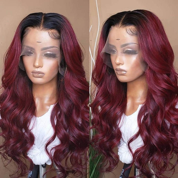 1B/99J Ombre Burgundy Body Wave HD Transparent Lace Wig With Baby Hair