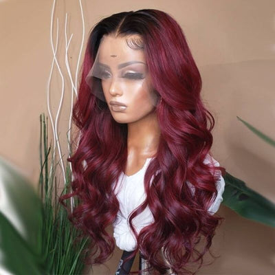 1B/99J Ombre Burgundy Body Wave HD Transparent Lace Wig With Baby Hair