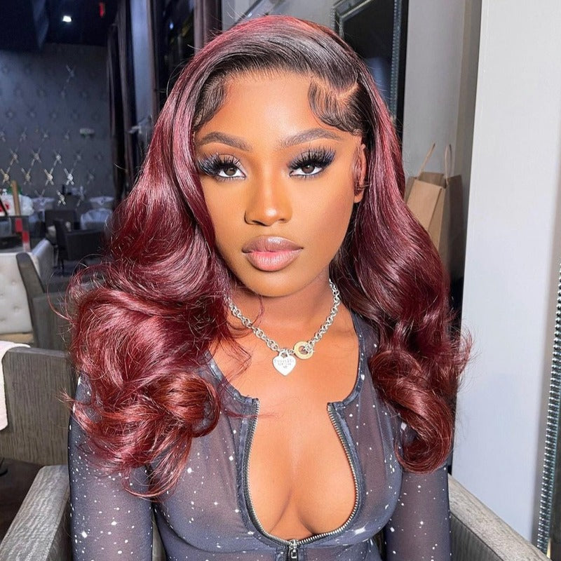 1B/99J Ombre Burgundy Body Wave HD Transparent Lace Wig With Baby Hair