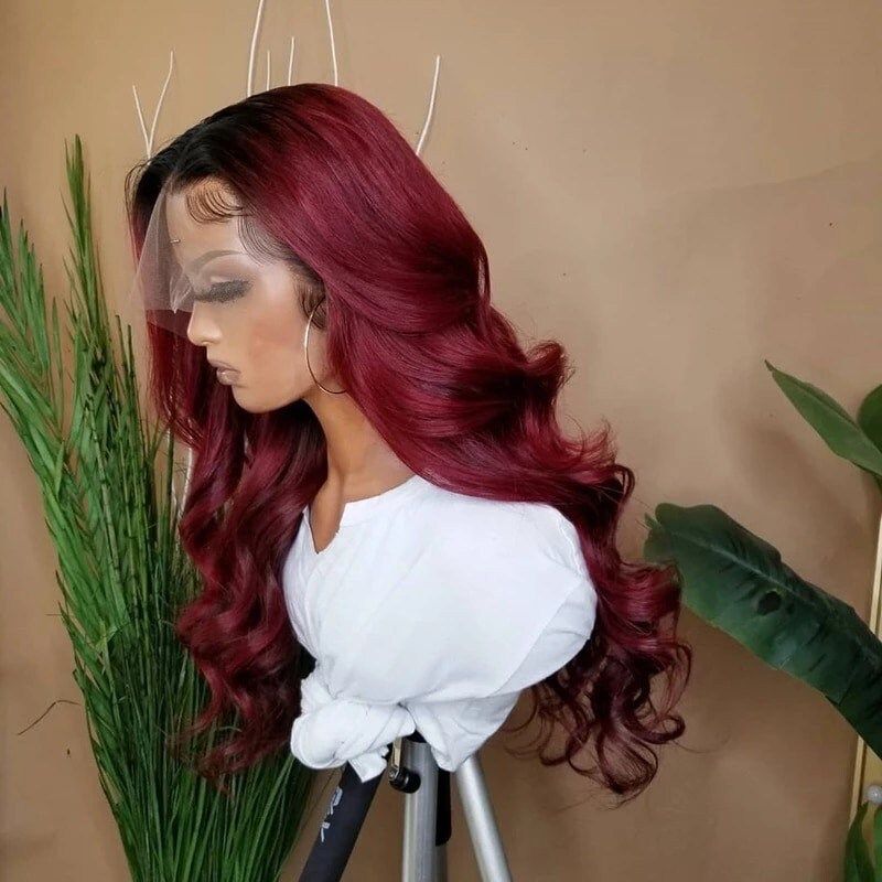 1B/99J Ombre Burgundy Body Wave HD Transparent Lace Wig With Baby Hair