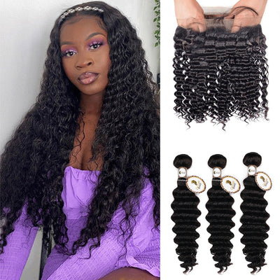 10A Deep Wave Bundles With 360 Lace Frontal 100% Human Hair Extensions