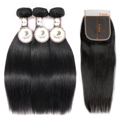 Straight Bundles With 5x5 Lace Closure 10A Virgin Human Hair Extension