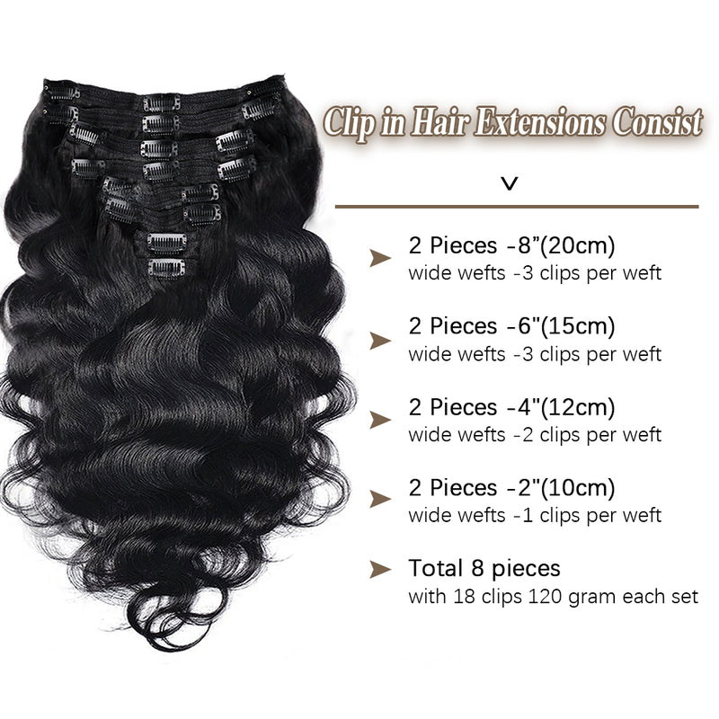 8 Pieces/Set Body Wave Clip-Ins Hair Extensions Clip In Human Hair Extension