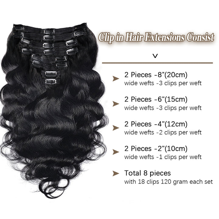 Fast Shipping |  Body Wave Seamless Clip-Ins Hair Extensions 100% Human Hair 8 Pieces/Set