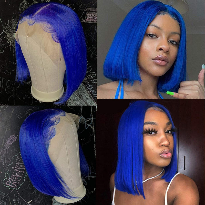 Blue Colored Bob Wig HD Transparent Lace Front Wig 100% Virgin Human Hair