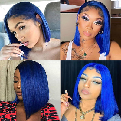 Blue Colored Bob Wig HD Transparent Lace Front Wig 100% Virgin Human Hair