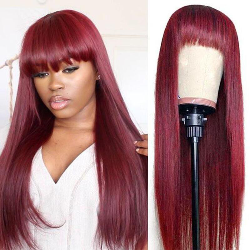 #99J Color Machine Made Wig With Bang Burgundy No Lace Human Hair Wig
