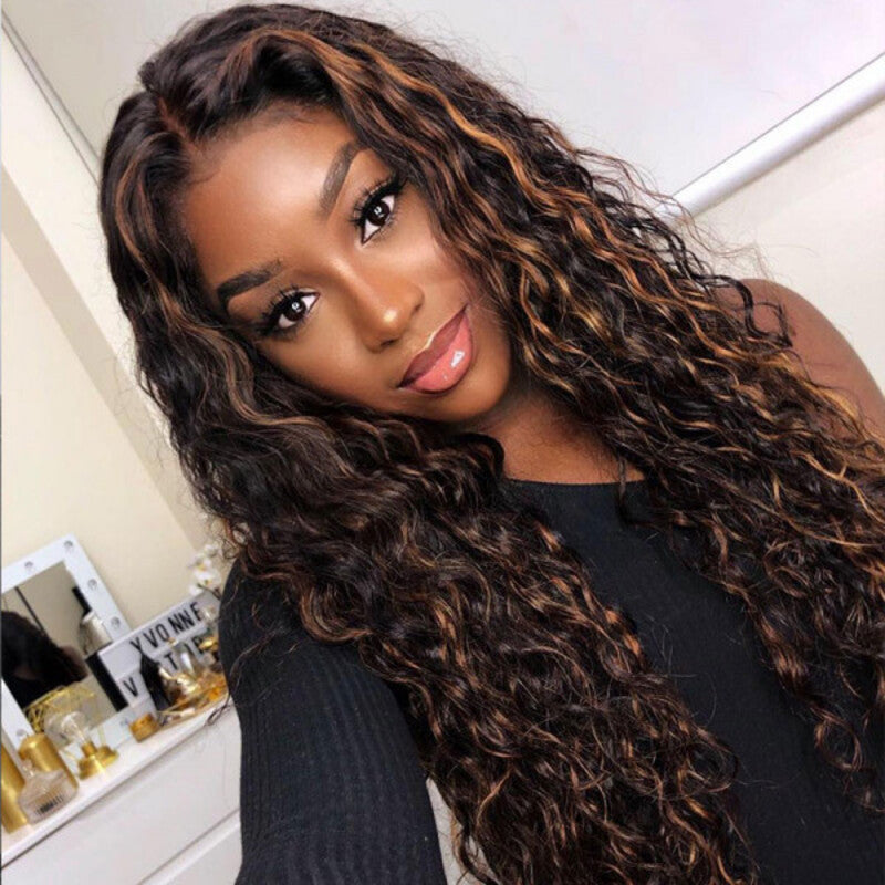 FB30 Balayage Deep Wave Colored Wig Highlight Transparent Lace Frontal Wig