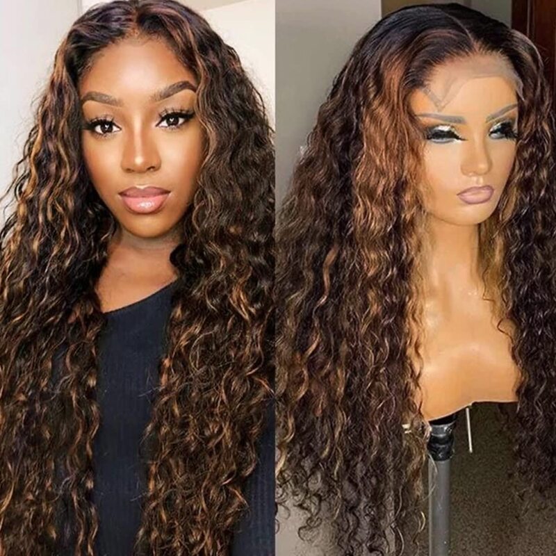FB30 Balayage Deep Wave Colored Wig Highlight Transparent Lace Frontal Wig