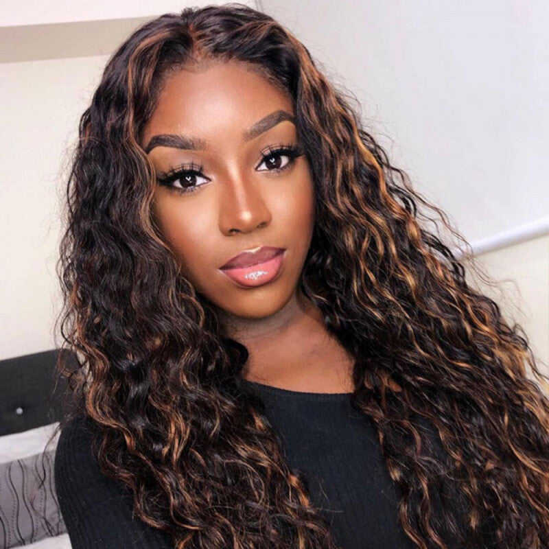 FB30 Balayage Deep Wave Colored Wig Highlight Transparent Lace Frontal Wig