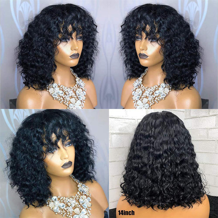 Bouncy Curly Glueless Bob Wig With Bang Machine Made Human Hair Bang Wig