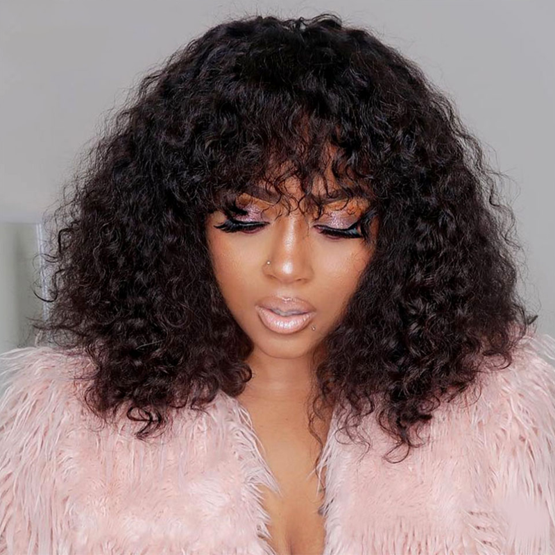 Bouncy Curly Glueless Bob Wig With Bang Machine Made Human Hair Bang Wig