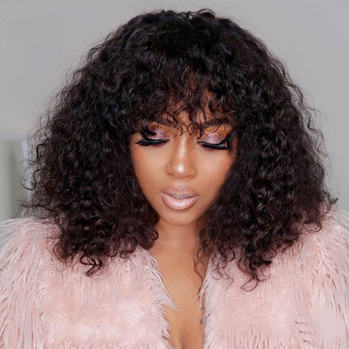 Bouncy Curly Glueless Bob Wig With Bang Machine Made Human Hair Bang Wig