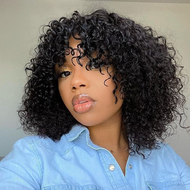 Bouncy Curly Glueless Bob Wig With Bang Machine Made Human Hair Bang Wig