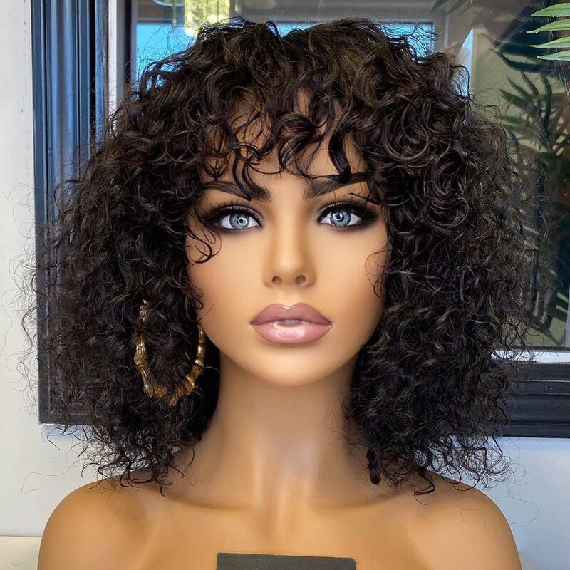 Bouncy Curly Glueless Bob Wig With Bang Machine Made Human Hair Bang Wig