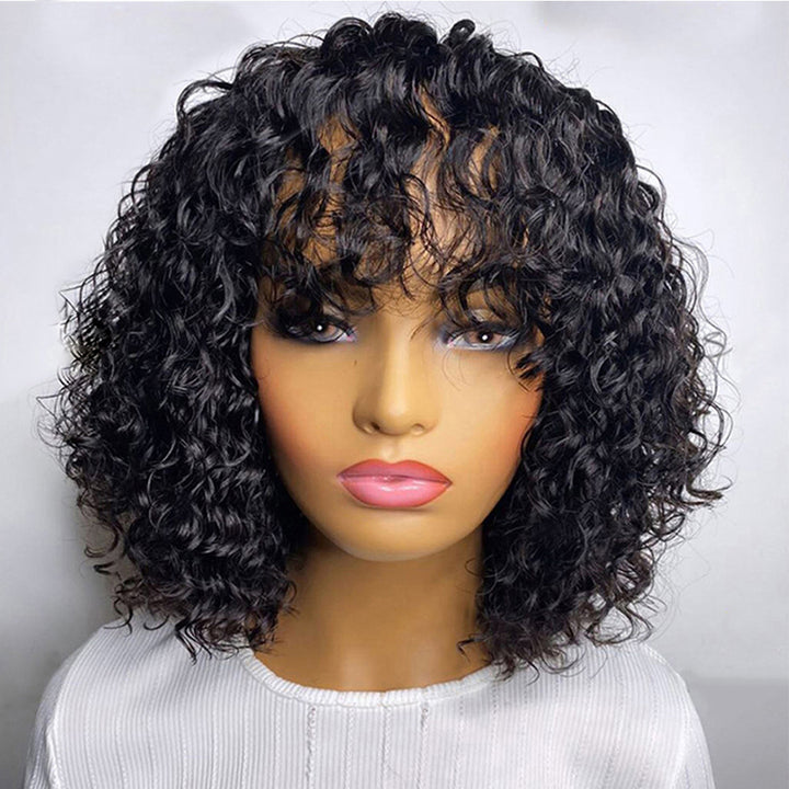 Bouncy Curly Glueless Bob Wig With Bang Machine Made Human Hair Bang Wig