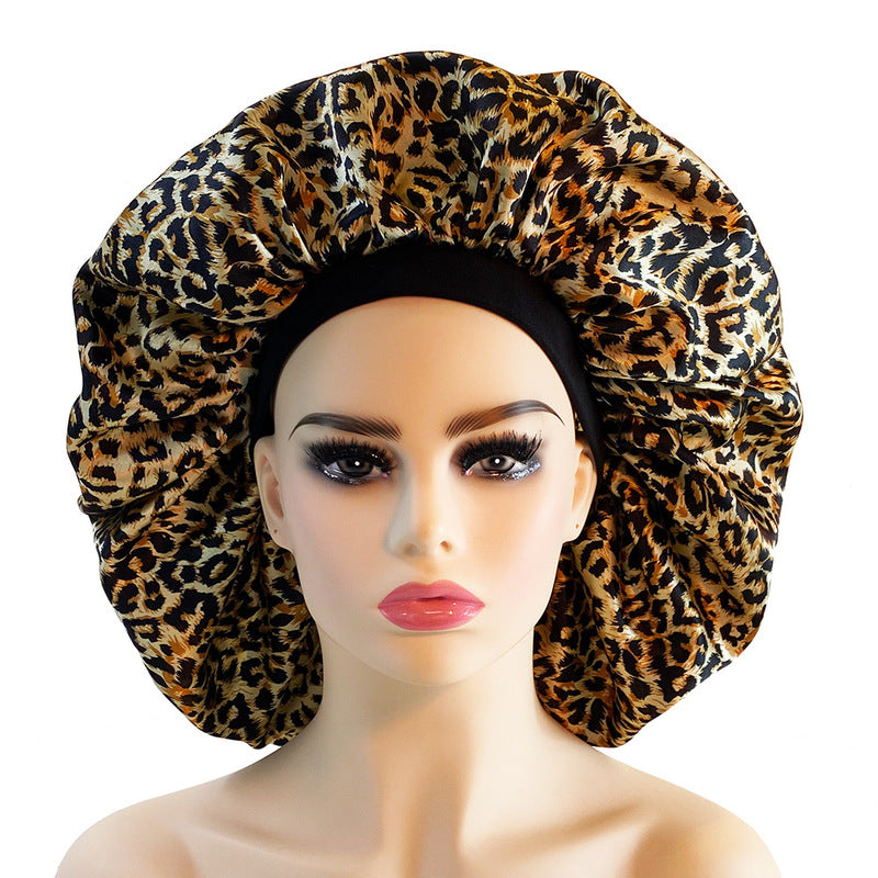 Double Layer Lepord Print Silky Soft Sleeping Cap Hair Protective Accessories