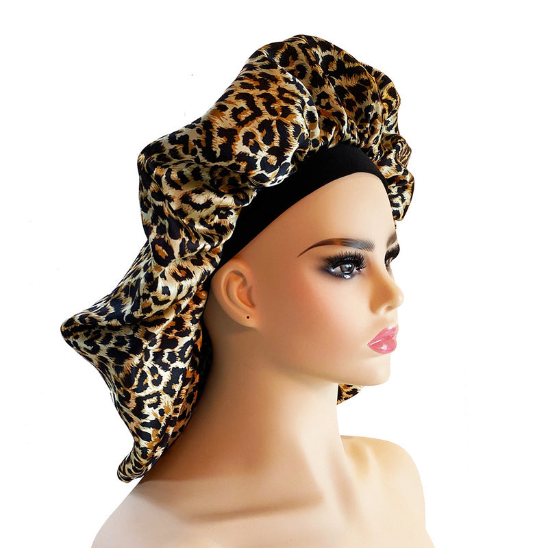 Double Layer Lepord Print Silky Soft Sleeping Cap Hair Protective Accessories